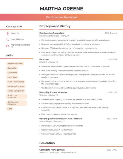 Construction Supervisor Resume