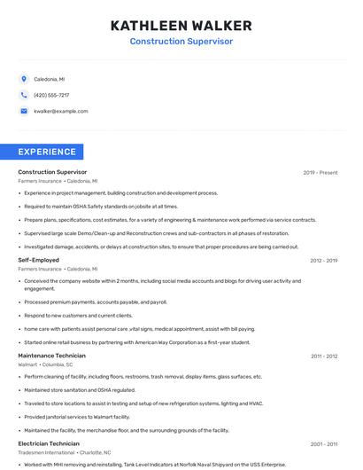 Construction Supervisor Resume