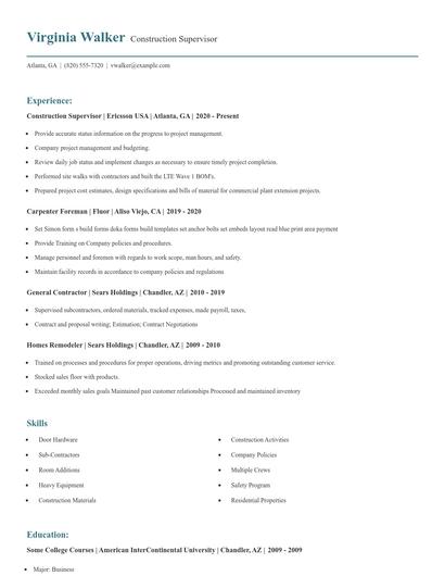 Construction Supervisor Resume