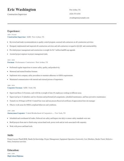 Construction Supervisor Resume