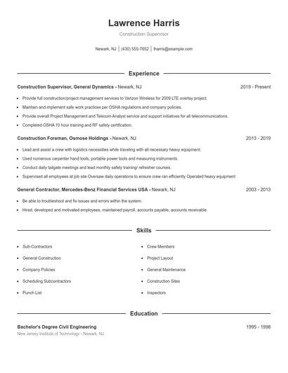 Construction Supervisor Resume