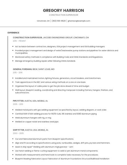 Construction Supervisor Resume