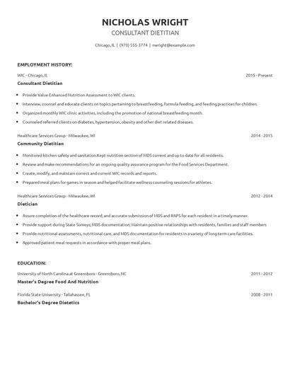 Consultant Dietitian Resume