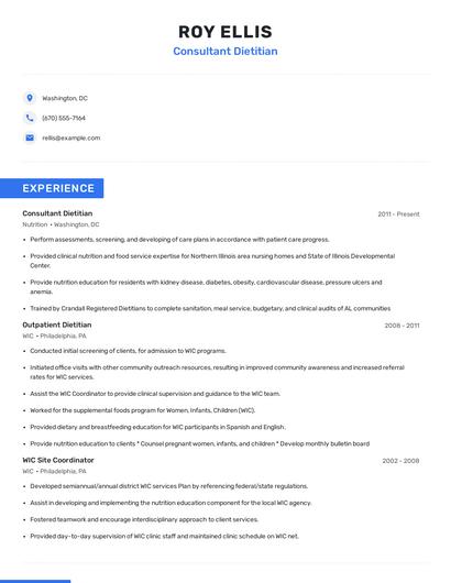 Consultant Dietitian Resume