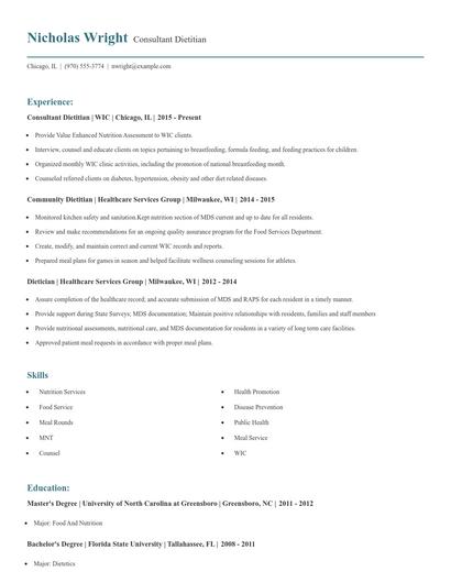 Consultant Dietitian Resume