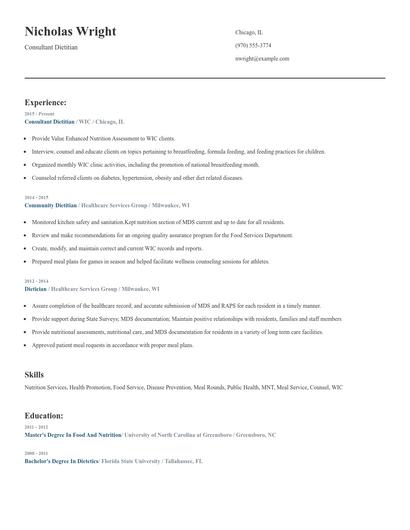 Consultant Dietitian Resume