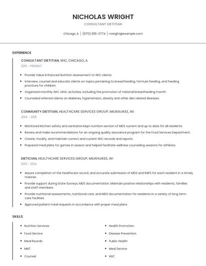 Consultant Dietitian Resume