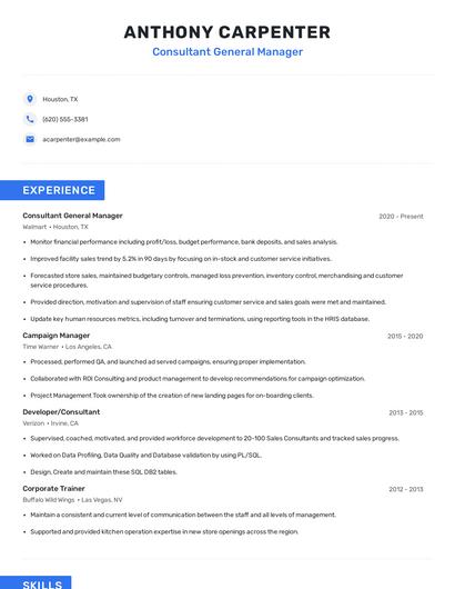 Consultant General Manager Resume