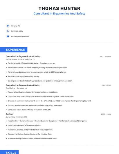 Consultant In Ergonomics And Safety Resume
