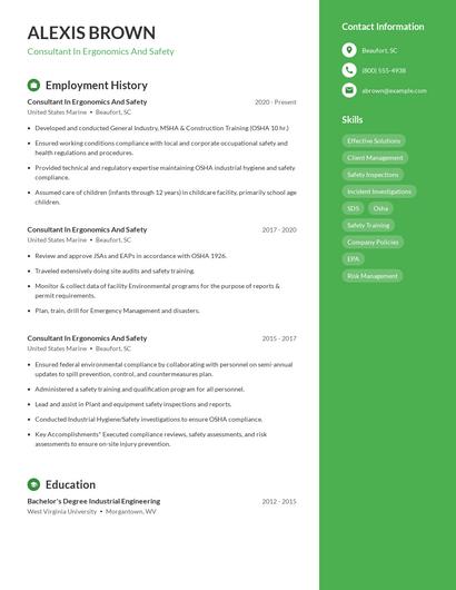 Consultant In Ergonomics And Safety Resume