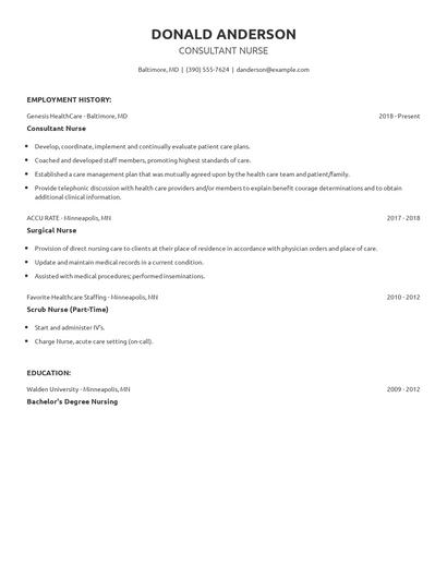 Consultant Nurse Resume