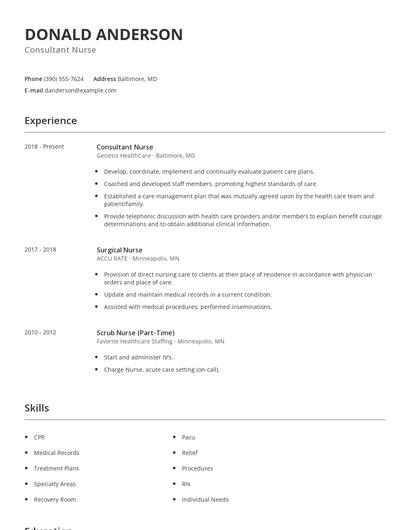 Consultant Nurse Resume