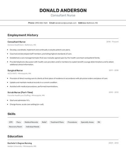 Consultant Nurse Resume
