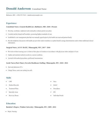 Consultant Nurse Resume