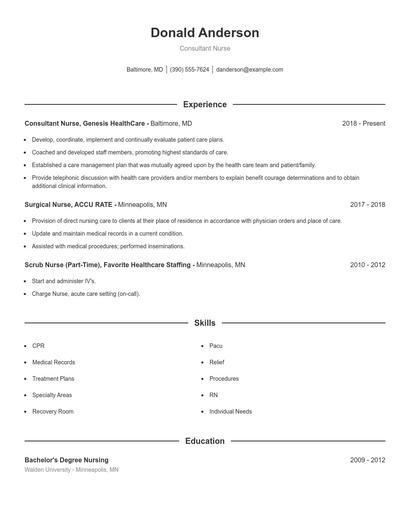 Consultant Nurse Resume