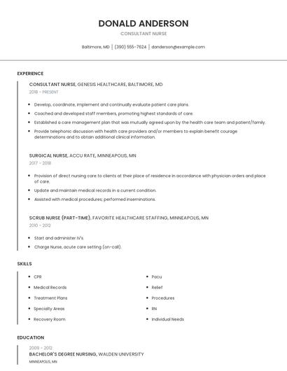 Consultant Nurse Resume