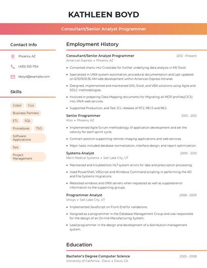 Consultant/Senior Analyst Programmer Resume