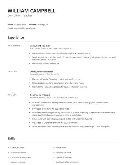 Consultant Teacher Resume