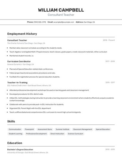 Consultant Teacher Resume