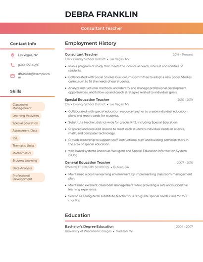 Consultant Teacher Resume