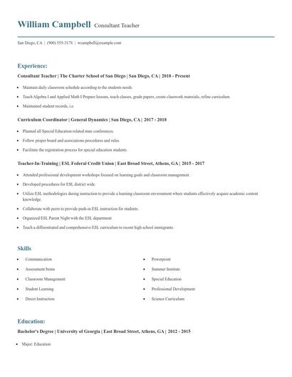 Consultant Teacher Resume