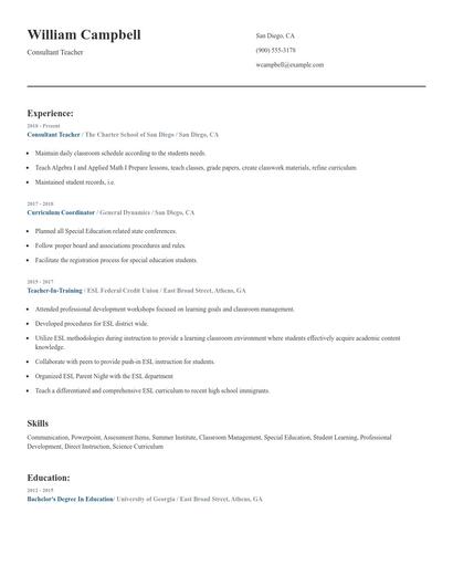 Consultant Teacher Resume
