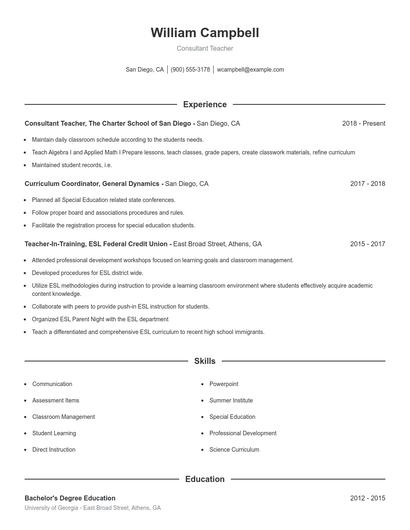 Consultant Teacher Resume