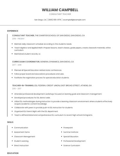 Consultant Teacher Resume