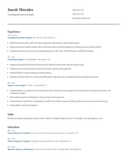 Consulting Petroleum Geologist Resume