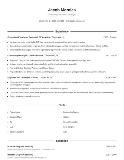 Consulting Petroleum Geologist Resume