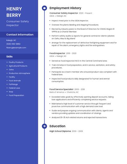 Consumer Safety Inspector Resume