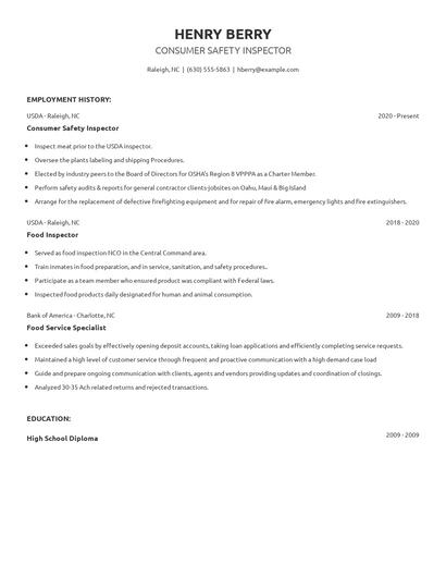Consumer Safety Inspector Resume