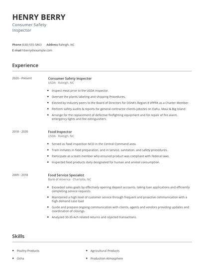 Consumer Safety Inspector Resume