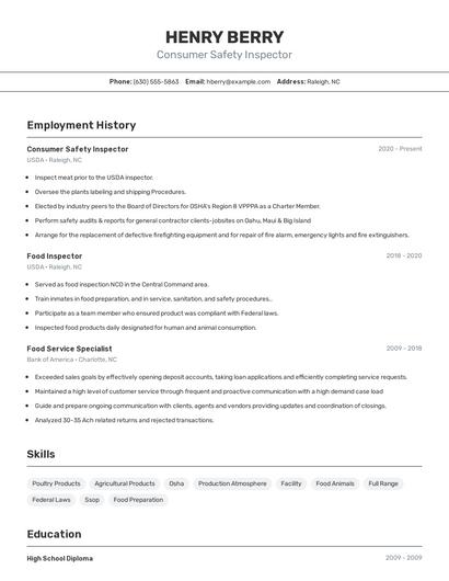 Consumer Safety Inspector Resume
