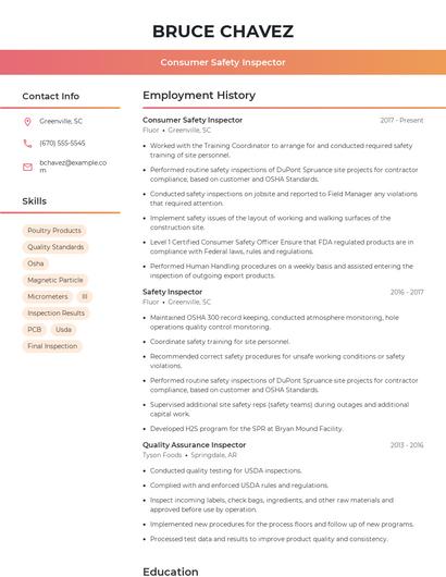 Consumer Safety Inspector Resume