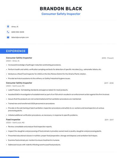 Consumer Safety Inspector Resume