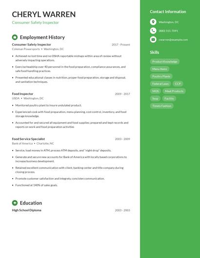 Consumer Safety Inspector Resume