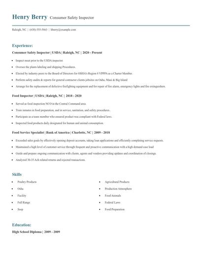 Consumer Safety Inspector Resume