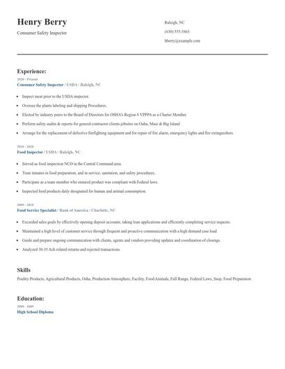 Consumer Safety Inspector Resume
