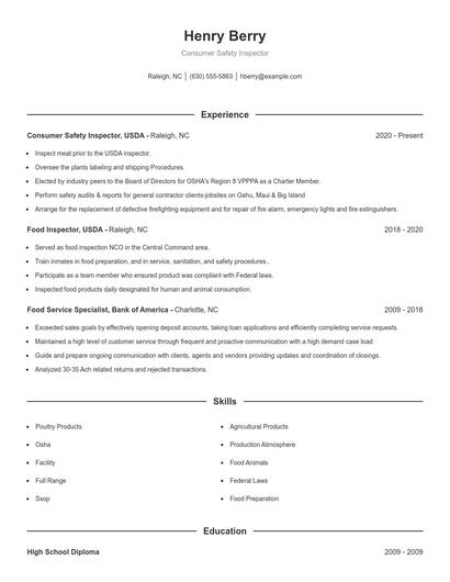 Consumer Safety Inspector Resume