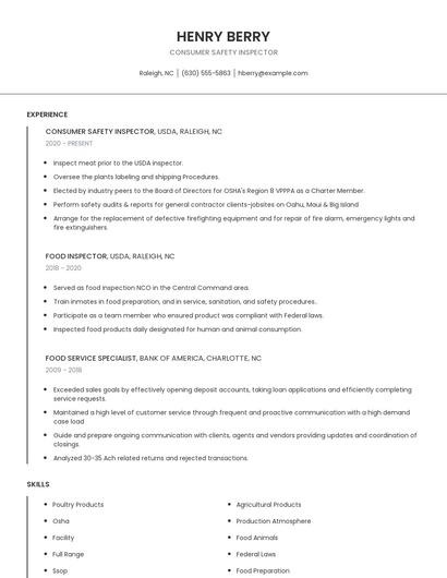 Consumer Safety Inspector Resume