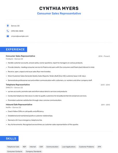 Consumer Sales Representative Resume