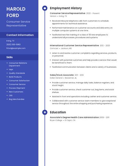 Consumer Service Representative Resume