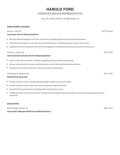Consumer Service Representative Resume