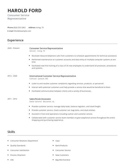 Consumer Service Representative Resume