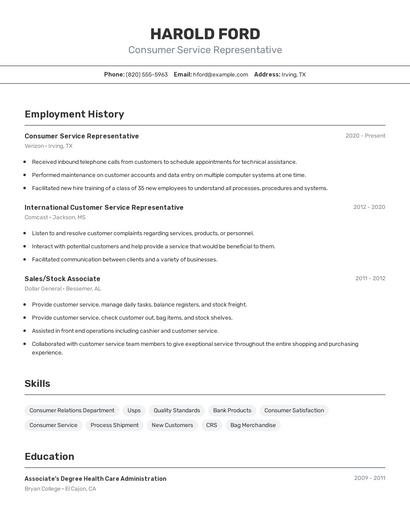 Consumer Service Representative Resume