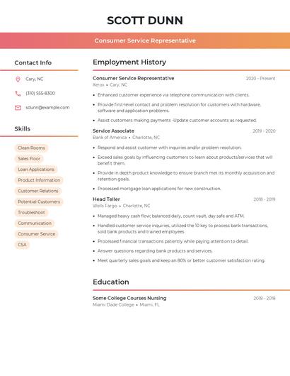 Consumer Service Representative Resume