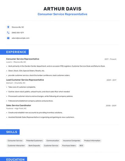 Consumer Service Representative Resume