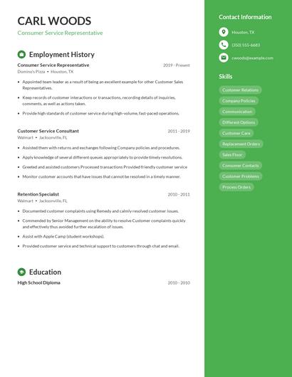 Consumer Service Representative Resume