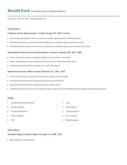 Consumer Service Representative Resume